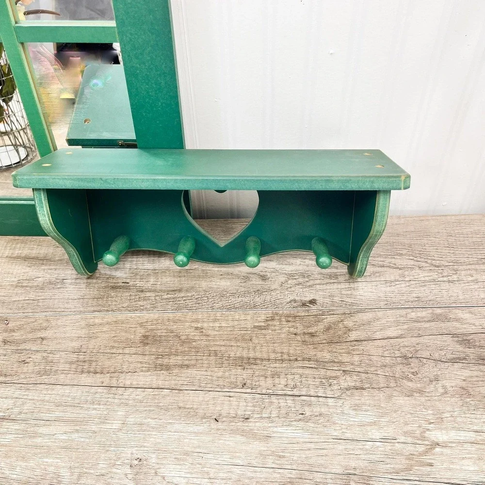 Green Wooden Heart Shelf and Mirror Set - Vintage Cottagecore Decor